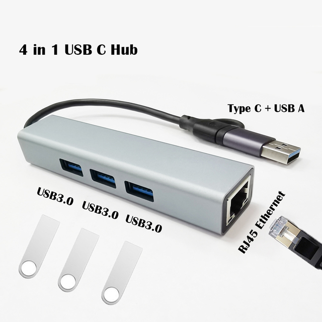 4 in 1 Multiport USB 3.0 Hub to RJ45 Ethernet Network Port Aluminum Alloy USB C Adapter for Laptop