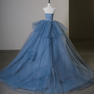 Vestido de Fiesta Largo de Tul Azul Marino, Estilo Princesa, Elegante, con Hombros Descubiertos y Falda Abultada, Sfy11 - Product Image 4