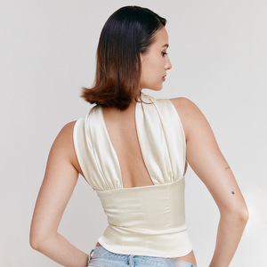 Haut Halter Femme Style Européen et Américain en Satin, Épaules Dénudées, Couleur Unie, Dos Nu, Haute Élasticité - Product Image 3
