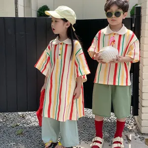 2023 새로운 여름 유아 어린이 소년 반팔 밝은 색 스트라이프 폴로 티셔츠 아이 소녀 드레스 형제 자매 옷