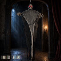 SIPKLR - Squelette fantôme suspendu pour Halloween, 47 pouces, avec yeux rouges lumineux et chaînes, accessoire effrayant pour la décoration extérieure de la cour et de la maison hantée