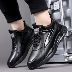 Baskets de mode pour hommes en cuir véritable, à bout rond, à lacets, respirantes, avec coussin d'air, pour la course en automne, blanches - Product Image 3