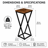 Support de plantes carré haut de gamme de style industriel, plateau en bois et piétement en fer robuste pour pot de fleurs, pour salon intérieur