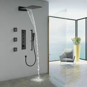 כפתור לחיצה על הקיר מערכת מקלחת שסתום בקרה תרמוסטטית סט עם סילוני עיסוי גב ומגש מקלחת הזזה חדר רחצה פליז