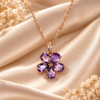 Kalung Perak Sterling 925 Berlapis Emas Rose dengan Liontin Bunga Lima Kelopak Amethyst Ungu untuk Wanita Perhiasan Berkualitas