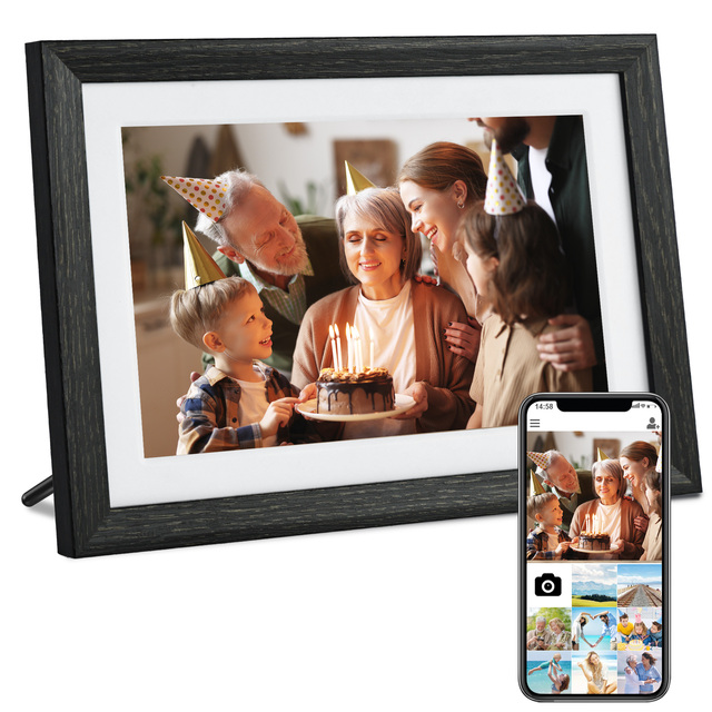 Classic Dark Brown Wood Digital Photo Frame 1+32GB Storage 1280x800 HD WiFi Connectivity Clock Android Cloud Picture Features