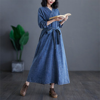 Vente en gros OEM Robe trapèze décontractée été solide col V Maxi taille haute qualité coton Denim pour femmes manches longues avec poches ceintures