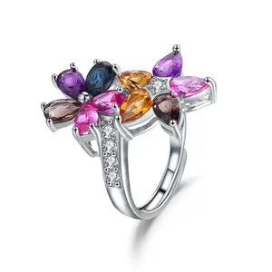 A3546 Abiding Beautiful Two Colorful Gemstone Flowers 925 Sterling Silver Resizable Adjustable Rings