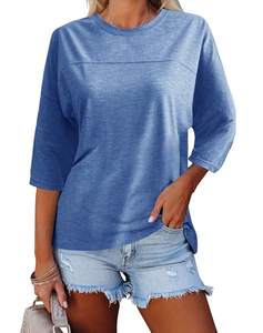 T-shirt décontracté à manches 3/4 pour femmes, plusieurs couleurs, col rond, chemisier uni rayé, doux et confortable, pour un usage quotidien - Product Image 3