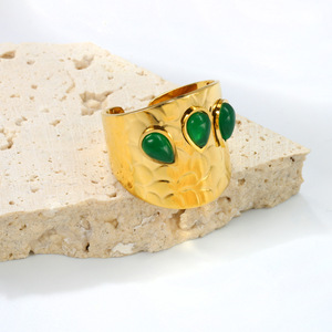 European Style <b>Gold</b> Plated <b>Ring</b> With Green Oval Stones Bezel <b>Set</b> Unisex Party Jewelry - Product Image 1