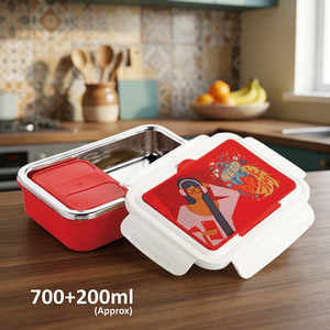 กล่องข้าวกลางวัน Happy Meal Pro สีแดง กล่องข้าวสแตนเลสทรงสี่เหลี่ยม 700+200 มล. ฝาพลาสติกแบบพกพา ปลอดสาร BPA ป้องกันการรั่วซึม ดีไซน์น่ารัก - Product Image 2