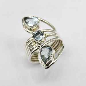 Bague en argent aigue-marine naturelle Pierres précieuses aigue-marine Statement925 Bague en argent massif Bague en argent à trois pierres pour les fiançailles des femmes - Product Image 3