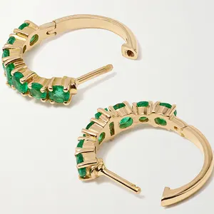 Green Earrings Dainty 925 Sterling Silver Gold Plated Emerald Green Stone CZ Huggies Hoop Earrings