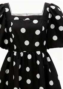 Novo Vestido Midi Feminino Elegante Casual Respirável Preto com Manga Bufante e Cintura Império com Poás Brancos Digitais - Product Image 5