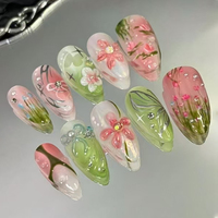 Nouveau kit de 30 faux ongles de luxe en gros, en résine acrylique, forme amande, 3D, rose blush, motif floral ombré, non toxique, marque personnalisée