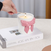 Pot à bougie en céramique rose 3D avec nœud papillon mignon, pot en porcelaine créatif avec ruban, tasse à thé au lait Kawaii pour cadeau de fille, décoration d'intérieur