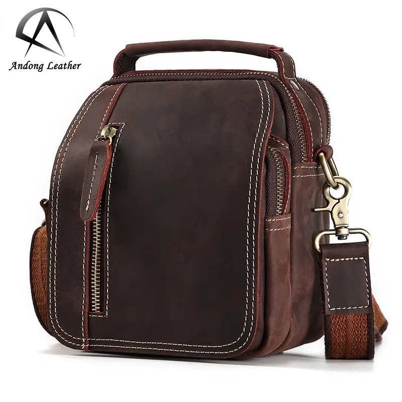 Andong Male Crazy Horse Leather European Retro Shoulder Bag Men Casual Messenger Bags Waist Belt Bag