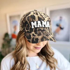 Sombrero de cola de caballo deportivo con letras lavadas, Chenille, estampado de leopardo de camuflaje, bordado, inicial, regalo para madre, 2023