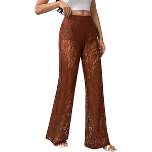 Women's Floral <b>Lace</b> Sheer Straight Leg Pants Natural Waist Club Wear - Product Image 1