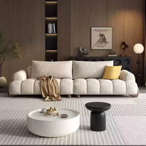 Sofá de Madera Maciza Estilo Italiano de Lujo Ligero en Color Crema, Sofá de Tela Moderno de Línea Recta para Sala de Estar - Product Image 2
