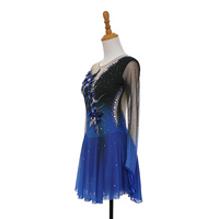 Robe de patinage et de danse pour enfants et adultes, bleu royal et noir dégradé, manches longues en maille, dos orné de fleurs en strass, pour compétition et spectacle de patinage sur glace