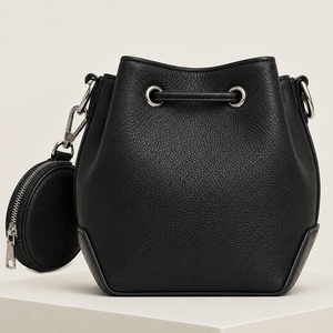 Fashion Women Bucket Bag Drawstring Shoulder Handbag Textured PU Leather Bucket Purse with Detachable Round Coin Pouch - Product Image 4