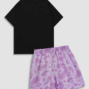 Ensemble décontracté 2 pièces personnalisé style hip-hop urbain d'été, avec t-shirt ample respirant imprimé lettres tête de mort et short athlétique - Product Image 2