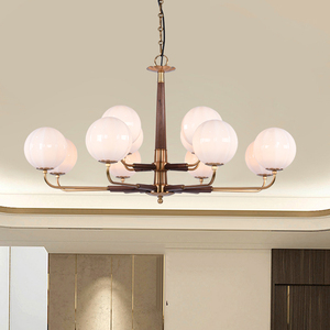 Mid-Century <b>Modern</b> Chandelier 6 8 12-<b>Light</b> White Glass Ball <b>Ceiling</b> <b>Light</b> with Walnut Wood & Gold Brass Finish Retro Pendant - Product Image 3