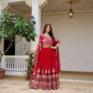 Ensemble Lehenga Choli brodé rouge, tenue de mariage traditionnelle pour femmes, longueur au sol, style Inde Pakistan - Product Image 1