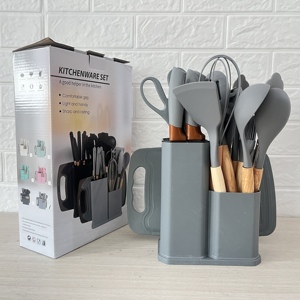 Hot bán không dính 19 miếng silica gel công cụ nấu ăn Kit Silicone đồ dùng nhà bếp thiết lập với tay cầm bằng gỗ Silicone đồ dùng - Product Image 5