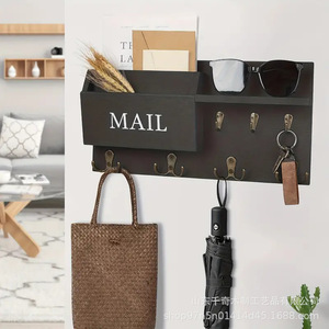 Solid Wood Wall Mounted Mail Organizer With <b>Hooks</b> And Storage Tray For Home Entryway Decoration - Product Image 3