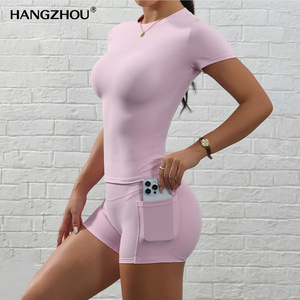 Ensemble de vêtements de yoga brossés couleur unie transfrontalier, séchage rapide, Spandex/Nylon, résistant aux plis, haut de gamme, coupe ajustée - Product Image 4