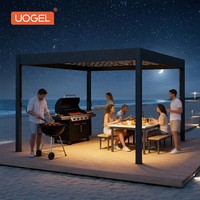 Pergola motorisée en aluminium avec écran LED pour soirées barbecue estivales à la plage, ambiance brise marine et éclat lumineux chaleureux pour jardin.