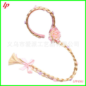 Perruque tressée Raiponce pour enfants, bandeau pour spectacle sur scène avec fleur et nœud, accessoire pour cheveux - Product Image 3