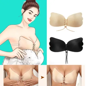 여성 Strapless Backless 끈적 브래지어 접착 날개 Drawstring 매직 재사용 가능한 실리콘 브래지어