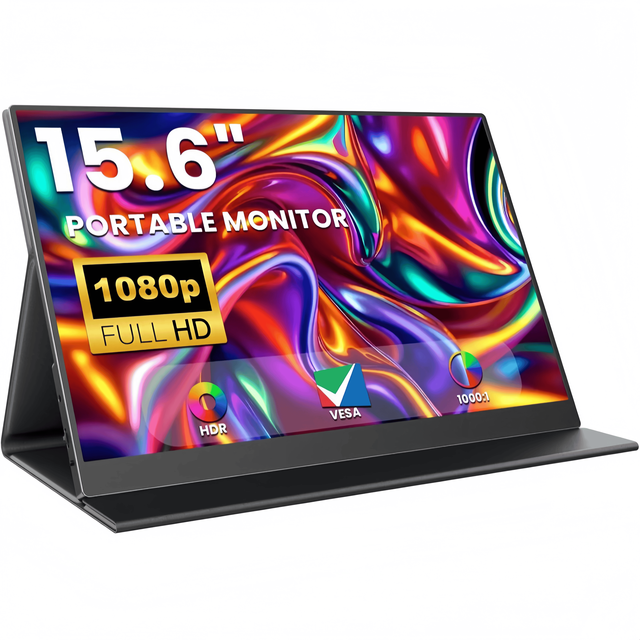15.6 Inch Portable Monitor with 1080P FHD Display USB-C, Built-in Speaker and Leather Case for Laptop PC MacBook Phone PS4