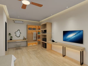 Juego de Muebles Económicos y Modernos para Habitación Doble de Hotel de 3 Estrellas, Camas de Madera con Cabeceras, Mesitas de Noche, Armario y Soportes para TV Incluidos - Product Image 6