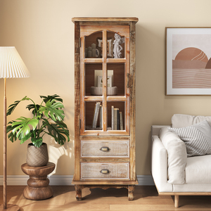 Armoire de rangement rustique en bois avec porte décorative découpée et 2 tiroirs, organisateur étroit et <span class=keywords><strong>haut</strong></span> pour salon, chambre à coucher - Product Image 1
