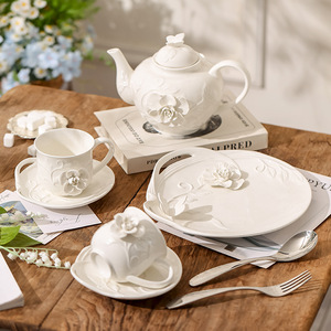 Embossed Hand-sculpted Floral French Ceramic Coffee Cup, Saucer & Teapot <b>Set</b>, Vintage British Afternoon <b>Tea</b> Tableware with Snack - Product Image 1