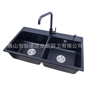 Évier de cuisine Ying Shi en granit noir nacré, double vasque à encastrer, finition mate moderne, bac à légumes SYS8649C - Product Image 4
