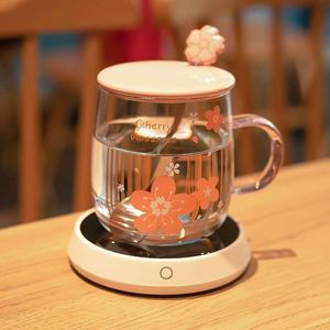 Tasse à thé florale en verre chauffant à fond plat, multi-couches, à température constante, grande capacité, pour le bureau, motif fleurs de cerisier - Product Image 5