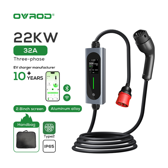 Ovrod TUv Fast Ac Ev Car IP65 Waterproof 22kW Smart WiFi & App Control 32A 3-Phase Type2 Portable EV Charger