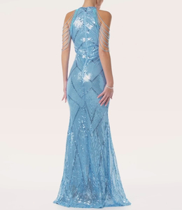 여성용 크루넥 솔리드 우븐 라이트 스카이 블루 포멀 맥시 드레스 기하학적 스팽글 비즈 체인 프린지 숄더 머메이드 갈라 가운 - Product Image 2