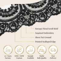 Dentelle de mariée écologique de luxe, noire, baroque, à motifs floraux, brodée à la machine, à sequins, festonnée, pour voile, OEM ODM