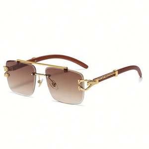 Lunettes de soleil carrées à double pont avec logo personnalisé, motif léopard, monture en bois sans bords pour hommes et femmes - Product Image 3