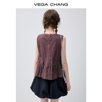 Robe mini à carreaux bicolore VEGA CHANG pour femmes, sans manches, col rond et ourlet bouffant, robe décontractée de style preppy