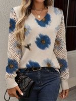 Pull en maille respirant 100 % polyester pour femme, motif floral style aquarelle, col en V, manches longues, maille ajourée, patchwork numérique, collection Printemps 2026