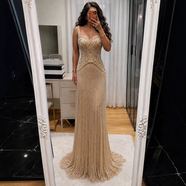 Serene Hill LA73938 Nude Scoop Sleeveless Mermaid Fringe Sweep Train Evening Dress Crystals Gown for Banquet