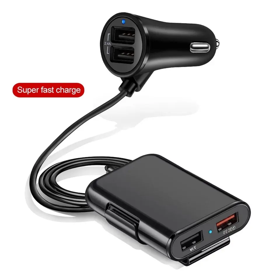 Pengisi daya mobil USB 4 Port pengisian daya cepat QC3.0 kabel ekstensi 5,6 kaki untuk ponsel perekam berkendara pengisian daya Cepat