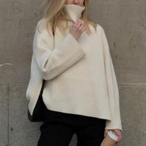 Pull-over ample en maille rayée à col montant et fente pour femme – Tendance - Product Image 4